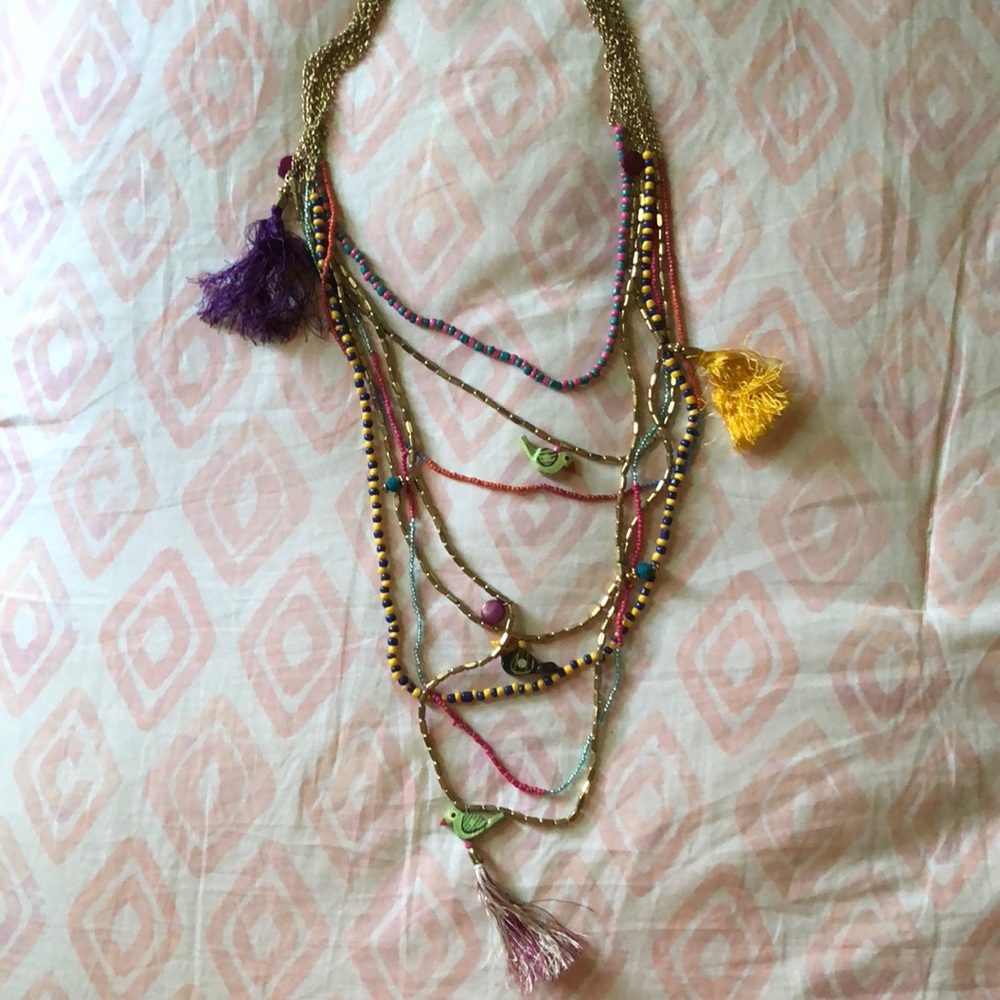 Layered Bead Necklace with Tassel & Bird Accents